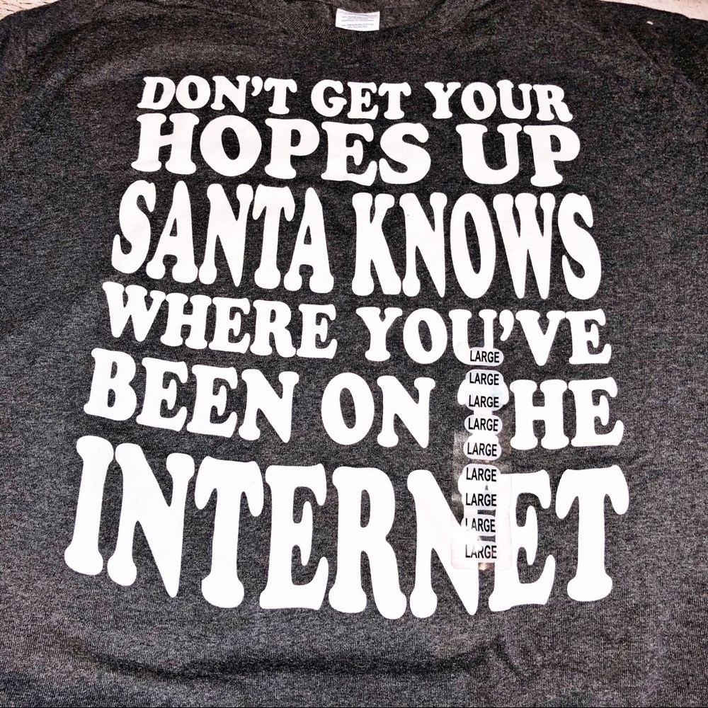 NWT Gray Crew Neck Christmas Santa Knows where you've Been Internet T-shirt SZ L